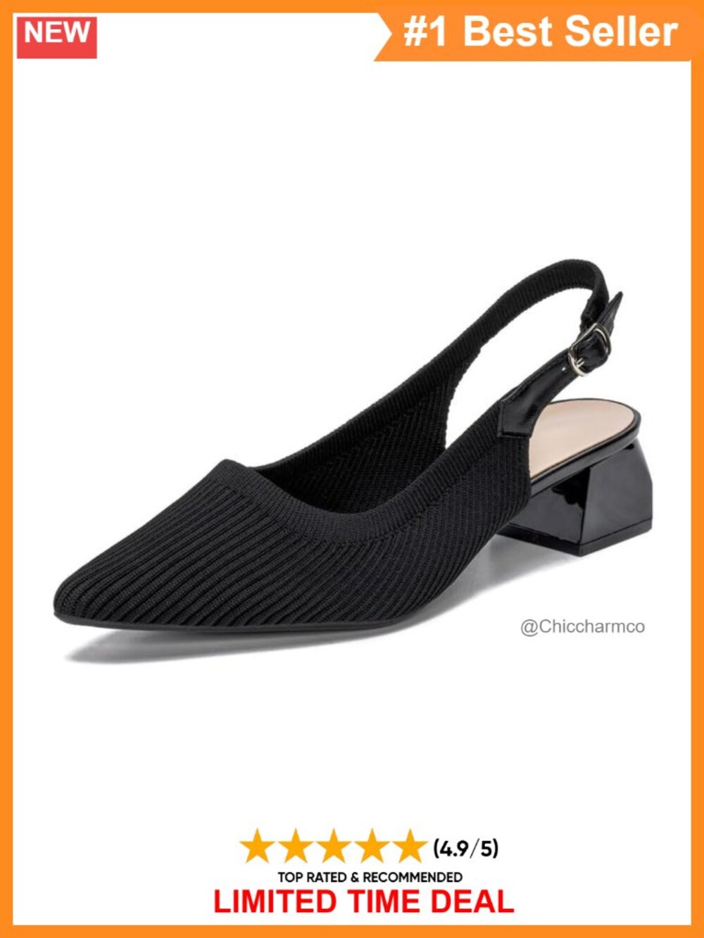 Women's Slingback Block Heel Pumps Knit Adjustable Strap Pointed Toe
